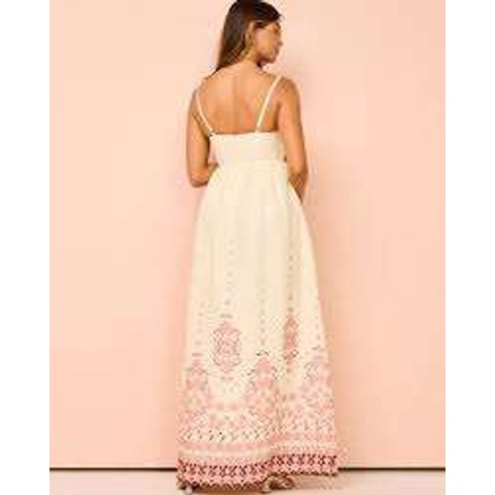 Tree of Life Cream Pink Floral Damask Border Print Linen Maxi Dress Empire Waist - Picture 5 of 12
